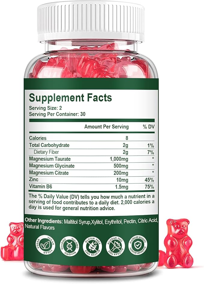 Magnesium Taurate Gummies with Magnesium Taurate, Magnesium Glycinate & Magnesium Citrate-for Heart Health, Muscles Function, Mood Support-Vegetarian, Non-GMO