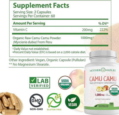 Organic Vitamin C from Camu Camu Capsules 1,000mg, Packed with Natural VIT C, Raw Antioxidants - Immune Support Supplement & Anti-Aging for Skin - Powder Organic, Vegan, Non-GMO (120 Count)