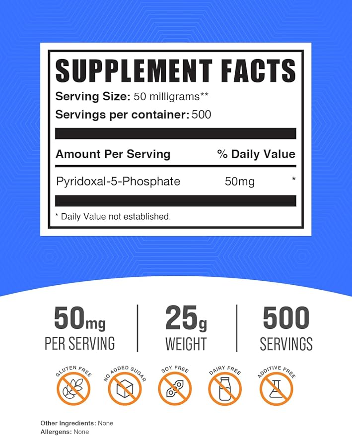 BulkSupplements.com Pyridoxal 5 Phosphate Powder - P-5-P Vitamin B6 Supplement, P-5-P 50mg - P5P Supplement, Gluten Free, 50mg of per Serving, 25g (0.88 oz) (Pack of 1)