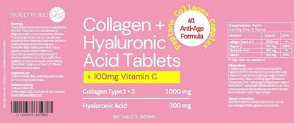 hollywoodskin Peptan® Collagen Complex: for Ultimate Age-Defying Support. 1000mg Collagen Type 1 & 3, 300mg HA, 100mg Vitamin C. 1500mg x 180 Tablets. (6 Months Supply).
