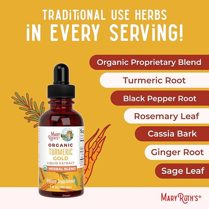 MaryRuth Organics USDA Turmeric Gold Liquid Drops | Herbal Blend | Turmeric Curcumin | Black Pepper | Cassia Cinnamon Bark | Ginger Root | Immune Support | Non-GMO Project Verified | Vegan | 1oz