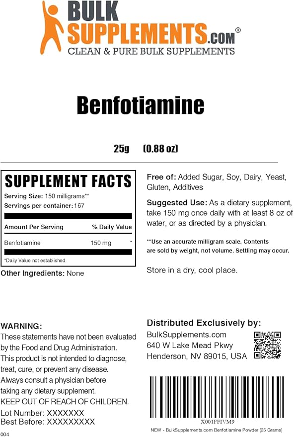 BulkSupplements.com Benfotiamine Powder - Thiamine B1 Supplement, Benfotiamine Supplement - Benfotiamine 150mg, Gluten Free - 150mg per Serving, 25g (0.88 oz) (Pack of 1)