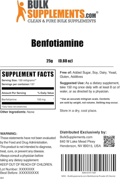 BulkSupplements.com Benfotiamine Powder - Thiamine B1 Supplement, Benfotiamine Supplement - Benfotiamine 150mg, Gluten Free - 150mg per Serving, 25g (0.88 oz) (Pack of 1)