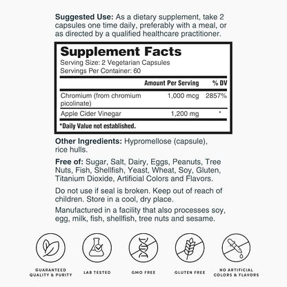 Nature's Lab Apple Cider Vinegar 1200mg with Chromium - 120 Capsules (60 Day Supply)