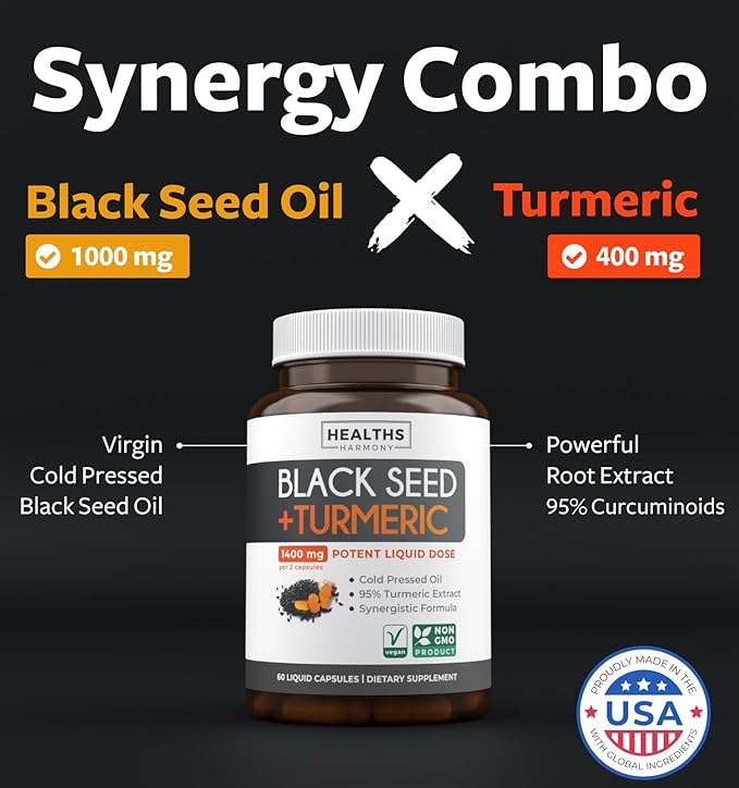 Black Seed Oil & Turmeric Supplement - 1400mg - 60 Liquid Capsules (Non-GMO & Vegan) - Natural Support for Healthy Joints and with Enhanced Curcumin Absorption