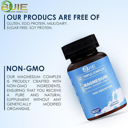 BUIE Triple Complex Magnesium 300mg | High Absorption Magnesium Glycinate, Citrate & Malate Supplement | Supports Muscle Strength, Metabolism, Heart & Bone Health | Vegan Non-GMO | 90 Capsules