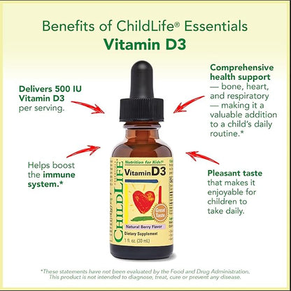 CHILDLIFE ESSENTIALS Vitamin D3 Drops for Kids, Children, & Toddlers - Liquid Vitamin D Drops, 500 IU per Drop, Immune & Bone Health Support, Natural Berry - 1 Fl Oz (Pack of 1)