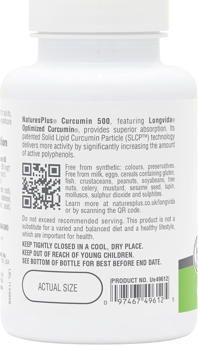Natures Plus PRO Longvida Curcumin 500 mg - 60 Capsules - Promotes Healthy Free Radical Protection - Non-GMO, Vegan & Gluten Free - 60 Servings