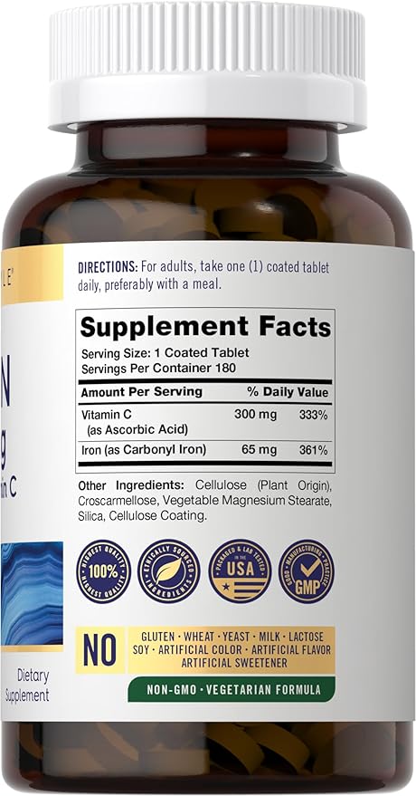 Carlyle Iron Supplement 65 mg with Vitamin C | 180 Tablets | 300mg of Vitamin C | Vegetarian, Non-GMO and Gluten Free