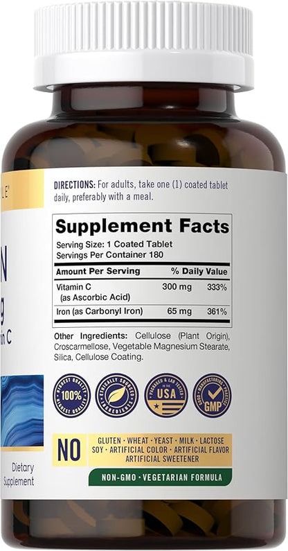 Carlyle Iron Supplement 65 mg with Vitamin C | 180 Tablets | 300mg of Vitamin C | Vegetarian, Non-GMO and Gluten Free