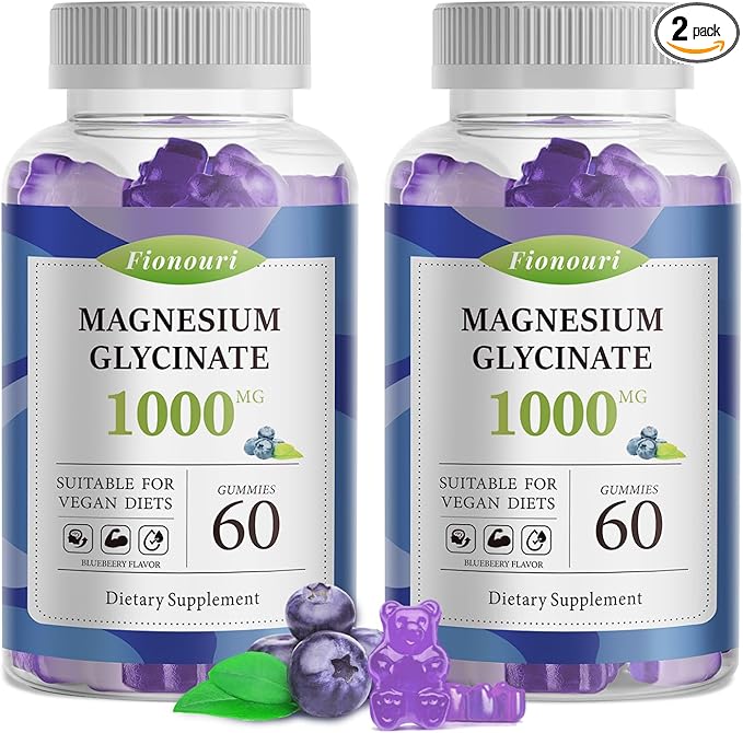 Magnesium Glycinate Gummies 1000mg - for Adults Magnesium Potassium Supplement with Vitamin D, B6, CoQ10 for Calm Mood & Sleep Support - 120 Blueberry Gummies -2 Pack