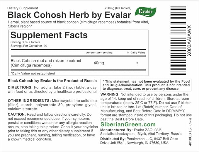 Evalar Black Cohosh Cimicifuga Herbal Extract Siberian Ci-Klim Vegan 60 Tabs