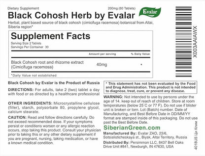 Evalar Black Cohosh Cimicifuga Herbal Extract Siberian Ci-Klim Vegan 60 Tabs
