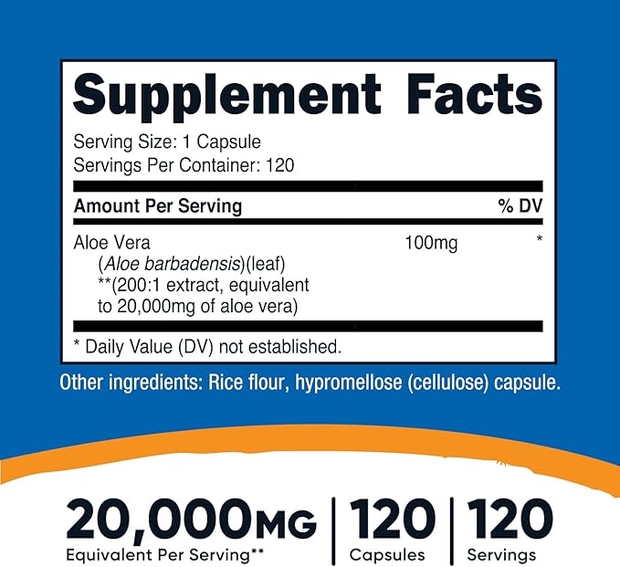 Nutricost Aloe Vera 20,000mg, 120 Capsules - Gluten Free, Non-GMO, Vegetarian Friendly (100mg of 200:1 Extract)