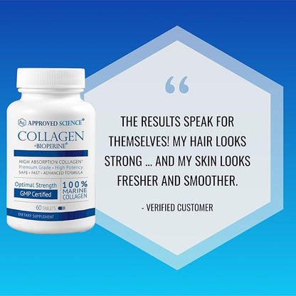 Approved Science Collagen Pills - Absorbable Marine Collagen Types I and III - 360 Tablets - Healthy Hair and Skin - Vitamin C, Sodium, and Bioperine for Fast Results - Non-GMO, Made in USA