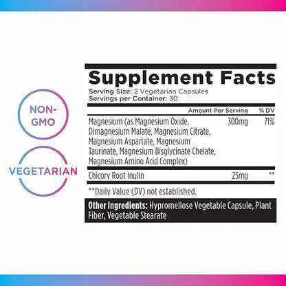 Livingood Daily Magnesium Supplement with Magnesium Glycinate, Citrate, Malate, Oxide, Aspartate, Amino Acid Complex and Chicory Root for Heart Health, Sleep and Muscle Support, 300mg, 60 Capsules