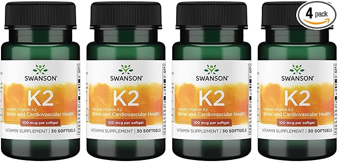Swanson Vitamin K2 (Menaquinone-7) - Vitamin Supplement Supporting Cardiovascular and Bone Health - Made from Japanese Natto to Help Regulate Calcium - (30 Softgels, 100mcg Each) (4 Pack)