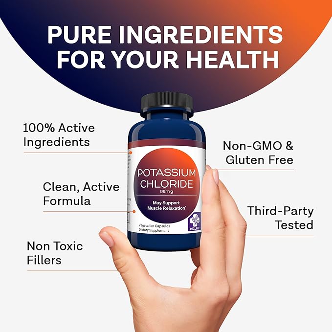 MD Life Potassium Chloride Supplement - Third Party Lab Tested - 99mg 90 Count - Potassium Chloride Capsules May Help Support Muscle Function & Healthy Blood Pressure Vegetarian Potassium Supplement