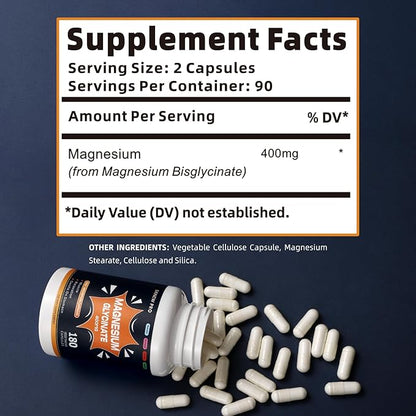 Magnesium Glycinate 400 MG per Serving 100% Chelated for High Absorption, Gentle On Stomach, Non-GMO, 180 Vegetarian Capsules