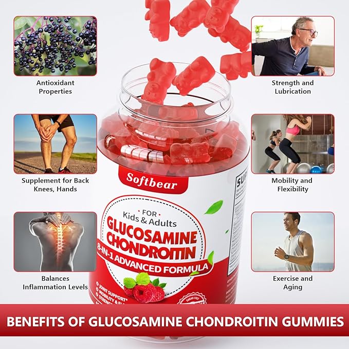 softbear Glucosamine Chondroitin Gummies Sugar Free, Extra Strength Glucosamine Chondroitin Supplement for Natural Joint Support, Raspberry Flavored 120 Count
