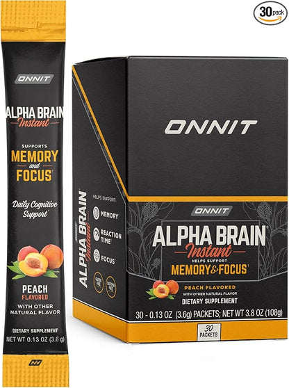 ONNIT Alpha Brain Instant Peach Flavor - Nootropic Brain Booster Memory Supplement - for Focus, Energy & Clarity - Alpha GPC Choline, Cats Claw, L-Theanine, Bacopa - 30ct