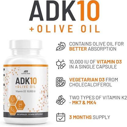 ADK 10 Vitamin Supplement + Olive Oil for Better Absorption - with Vitamins A + D3 (10,000 iu) + K2 (MK7+MK4) - 90 Capsules - Vegetarian - Non-GMO