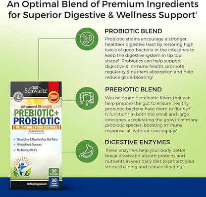 Prebiotics and Probiotics with Whole Food Enzymes for Adults Women & Men - Probiotics Lactobacillus Acidophilus - Digestive Health Capsules Shelf Stable Supplement - Non-GMO Gluten & Dairy Free -30ct