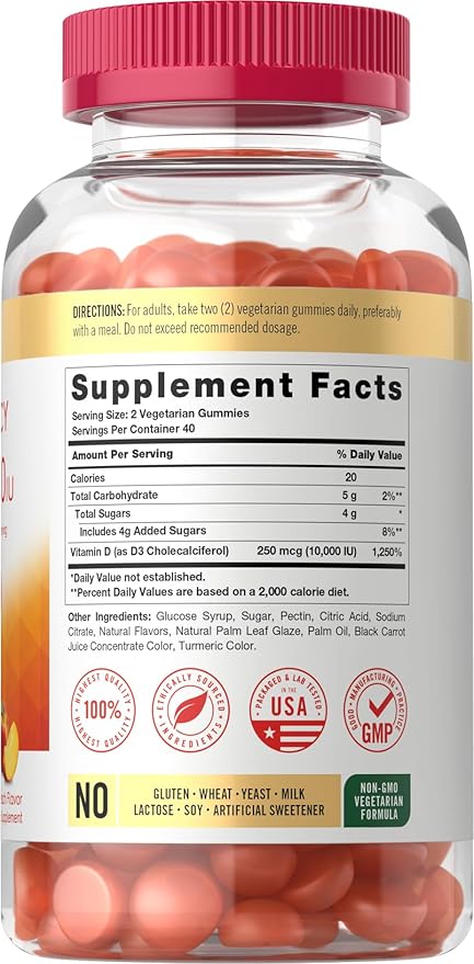 Carlyle Vitamin D3 10000iu Gummies for Adults | 80 Count | Peach Flavored Gummy | High Potency for Women & Men | Vegetarian, Non-GMO, Gluten Free Supplement