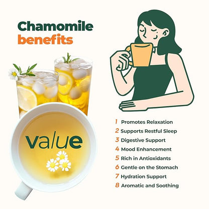 100% Pure Chamomile Tea - Only Flowers without Stems, Chamomile Tea Bags Caffeine Free, 60 count, Calming Tea Chamomile by Aprika Life