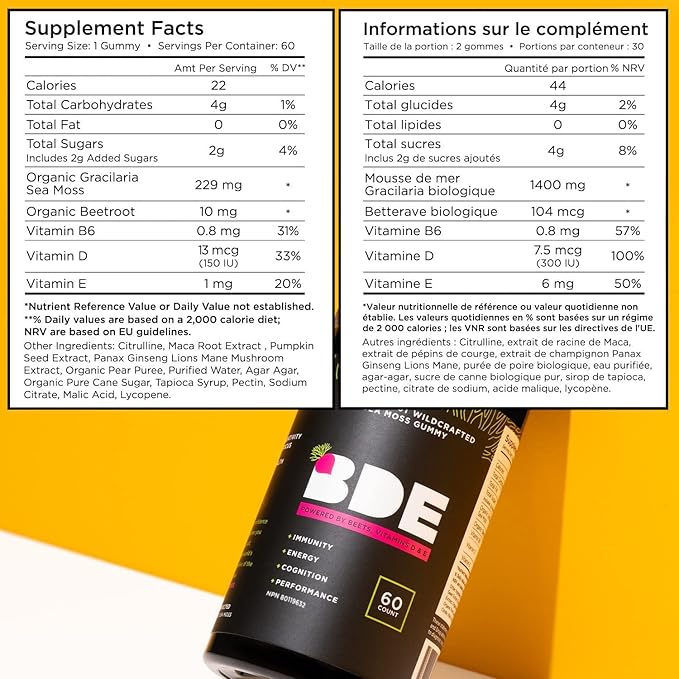 BDE Wildcrafted Sea Moss Gummy Maca Root, Beets, Lions Mane Mushroom, Vitamin D + E - Vegan Collagen, Zinc, Immunity & Detox, Gut Health - 60 Count
