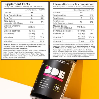 BDE Wildcrafted Sea Moss Gummy Maca Root, Beets, Lions Mane Mushroom, Vitamin D + E - Vegan Collagen, Zinc, Immunity & Detox, Gut Health - 60 Count