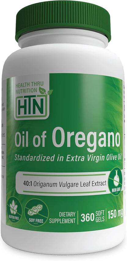 Health Thru Nutrition Oil of Oregano 360 Mini-Softgels | Wild Harvested | European 40:1 Origanum Vulgare Equivalent to 600mg Oregano in Extra Virgin Olive Oil | Non-GMO Gluten Free (Pack of 360)