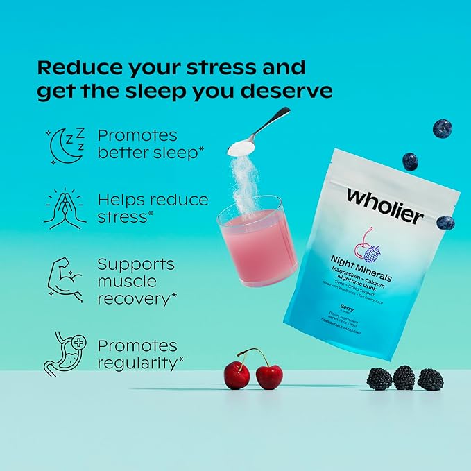 wholier Magnesium Glycinate, Tart Cherry Juice, Chelated Calcium. Calming Nighttime Drink. Natural Support for Sleep, Stress + Relaxation. Night Minerals. (30 Servings)