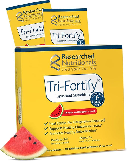 Researched Nutritionals Liposomal Glutathione (450mg) Liquid Gel + Vitamin C - Tri-Fortify - Aid Natural Energy, Immune Support & Detox - Clinically Researched for Absorption, Watermelon (20 Packets)