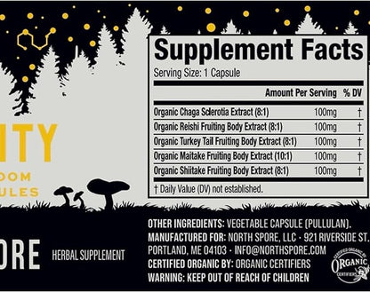 North Spore Immunity Mushroom Supplement Capsules | Organic Turkey Tail, Chaga, Reishi, Maitake, Shiitake Blend | Immune Functions & Balanced System Response | 100% Fruiting Body Extracts - 60ct