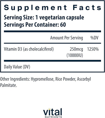 Vital Nutrients Vitamin D 10000 IU | Vitamin D3 Supplement | Healthy Bones, Teeth, Muscles*| Cellular & Immune Function | Calcium Absorption | Gluten, Dairy and Soy Free | 60 Capsules