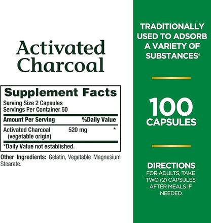 Nature's Bounty Activated Charcoal 260 mg, 100 Capsules, Dietary Supplement to Support a Healthy Lifestyle