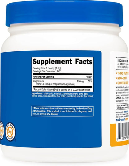 Nutricost Magnesium Glycinate Powder (Peach Mango, 500 Grams) - Chelated Magnesium (30%) Glycinate