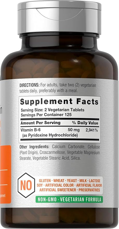 Horbäach B6 Vitamin 50mg | 250 Tablets | Non-GMO & Gluten Free Supplement