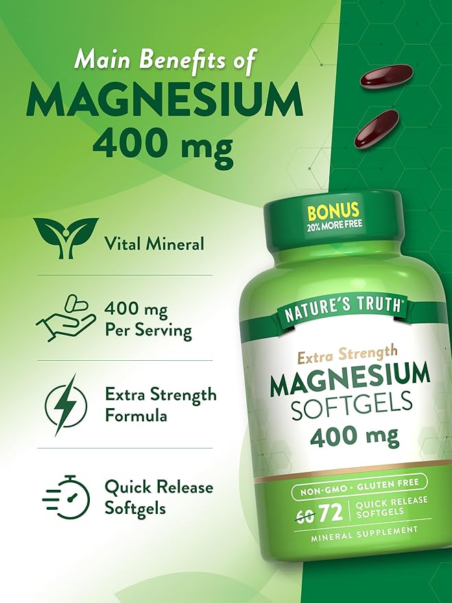 Nature's Truth Magnesium | 400mg | 72 Softgels | Value Size | Extra Strength | from Magnesium Oxide | Non-GMO and Gluten Free Supplement