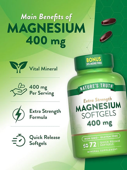 Nature's Truth Magnesium | 400mg | 72 Softgels | Value Size | Extra Strength | from Magnesium Oxide | Non-GMO and Gluten Free Supplement