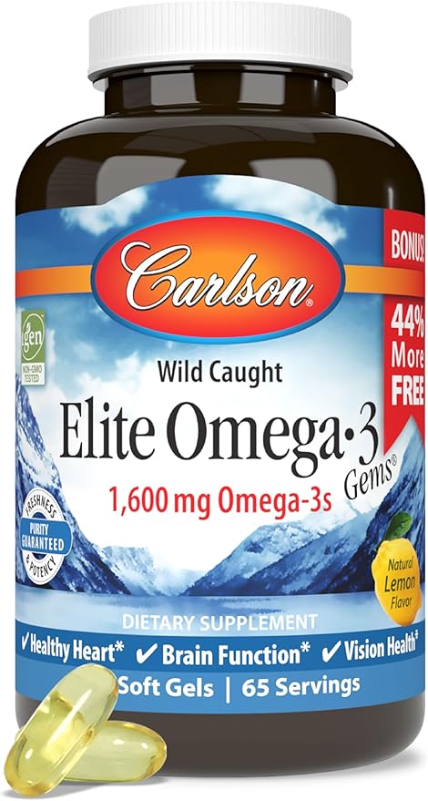 Carlson - Elite Omega-3 Gems, 1600 mg Omega-3 Fatty Acids Including EPA and DHA, Norwegian, Wild-Caught Fish Oil Supplement, Sustainably Sourced Omega 3 Fish Oil Capsules, Lemon, 130 Softgels
