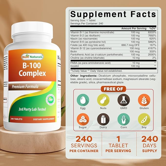 Best Naturals Vitamin B Complex with Inositol, PABA 240 Tablets - Made in The USA - Non-GMO & Gluten Free