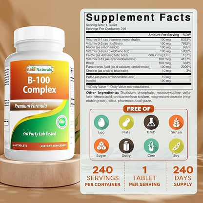 Best Naturals Vitamin B Complex with Inositol, PABA 240 Tablets - Made in The USA - Non-GMO & Gluten Free