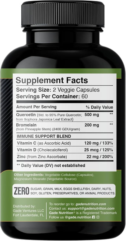 Gade Nutrition Quercetin with Vitamin C and Zinc - Quercetin 500mg - Quercetin with Bromelain - Zinc Quercetin - Quercetin Supplements + Vitamin D3 (Non-GMO, Gluten-Free, Vegan) - 4 Month Supply