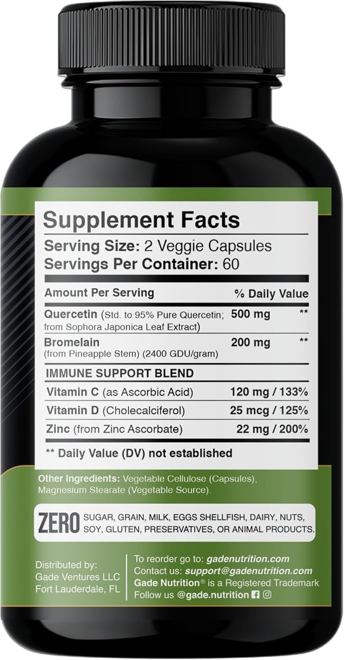 Gade Nutrition Quercetin with Bromelain Vitamin C and Zinc Vitamin D3 | Immune Support Supplement in Capsules | Non-GMO, Gluten-Free, Vegan | Made in The USA | 2 Month Supply