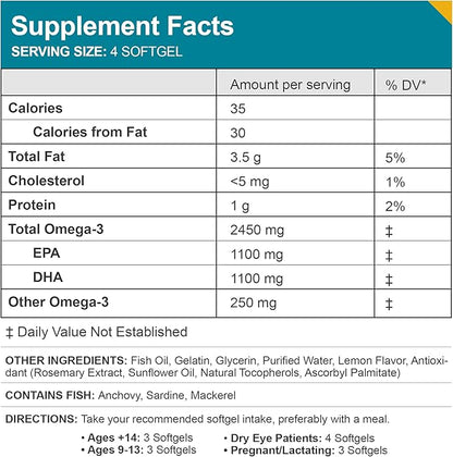Macuhealth Omega 3 Fish Oil - 1100mg DHA, 1100mg EPA, Eye & Brain Health Supplement, Triglyceride Formula, 120 Softgels