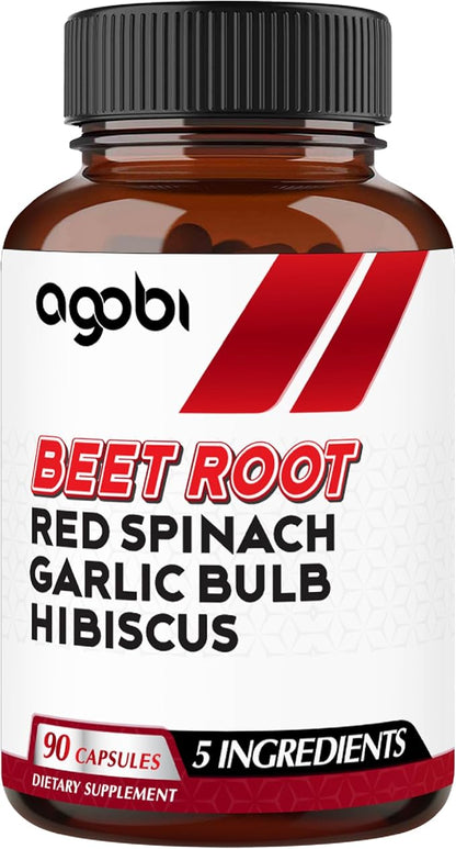 agobi 5in1 Beet Root Capsules - Added with Red Spinach, Organic Garlic Bulb, Hibiscus & Black Pepper - Support for Energy Production, Immune System & Digestive Health - 90 Vegan Capsules