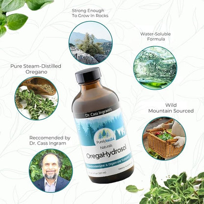 PURELY WILD Dr. Cass Ingram's OregaHydrosol - Wild Mediterranean Oregano Juice for Immune Support, Respiratory & Digestive Health - Non GMO Wild - Pure Steam-Distilled Essence (8 fl oz)