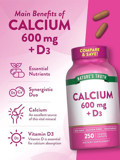 Nature's Truth Calcium 600mg with Vitamin D3 | 250 Caplets | Calcium Carbonate | Vegetarian, Non-GMO & Gluten Free Supplement